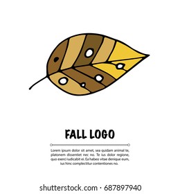 Handdrawn vector doodle logo. Autumn illustration with bright leave.
