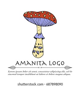 Handdrawn vector doodle logo. Autumn illustration with amanita.