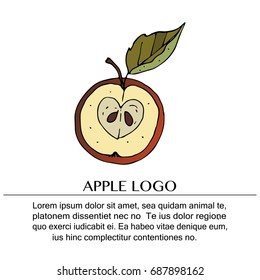 Handdrawn vector doodle logo. Autumn illustration with red apple.