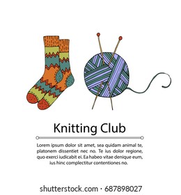 Handdrawn vector doodle logo. With knitted socks and threads. Logo for knitting club.