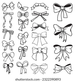Hand-drawn Vector Doodle Ribbons, Bows, and Bowties outline, black silhouette