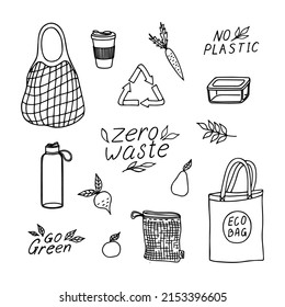 Hand-drawn vector doodle set about zero waste isolated on white background. Ecology design.