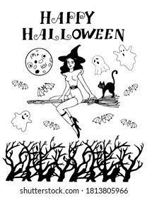 
Hand-drawn vector doodle set in black with illustrations of a witch on a broomstick, ghosts, cat, bats, moon, tree branches, inscription Happy Halloween on a white background.