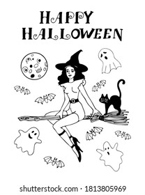 Hand-drawn vector doodle set in black with illustrations of a witch on a broomstick, ghosts, cat, bats, moon, lettering Happy Halloween on a white background.