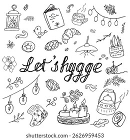 hand-drawn vector doodle set cozy Scandinavian lifestyle of hygge. illustrations of candles, tea, books, fairy lights, knitted socks, croissants, plants, and other warm and homey elements.