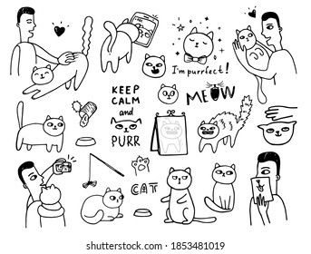 Hand-drawn vector doodle set with cute, funny cartoon cat and his owner. Clip-art elements of care and fun. Keep calm and purr. Handwritten text