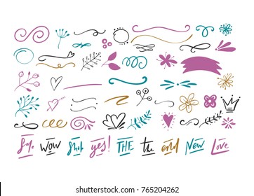 Handdrawn vector doodle set. Floral elements, swashes, lines, short text messages.