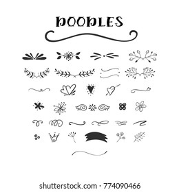 Handdrawn vector doodle set. Floral elements, swashes, lines, short text messages.