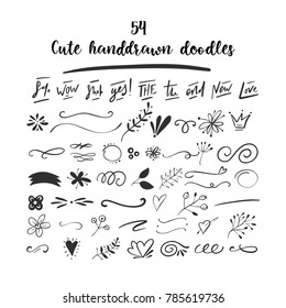 Handdrawn vector doodle set. Floral elements, swashes, lines, short text messages.�