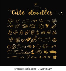 Handdrawn vector doodle set. Floral elements, swashes, lines, short text messages.