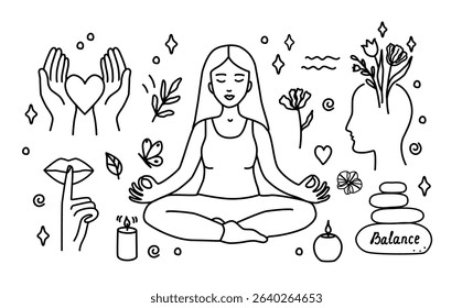 Hand-drawn vector doodle set on wellness and mental health. Includes meditation, balance, flowers, mindfulness, self-care elements. Perfect for social media, posters, blogs, packaging, apps, and print