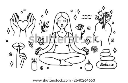 Hand-drawn vector doodle set on wellness and mental health. Includes meditation, balance, flowers, mindfulness, self-care elements. Perfect for social media, posters, blogs, packaging, apps, and print