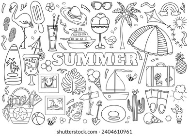 Hand-Drawn Vector Doodle Set For A Summer-Themed Anti-Stress Coloring Page, Featuring The Sea And Everything Needed For Summer Relaxation In A Coloring Book