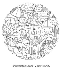 Hand-Drawn Vector Doodle Set For A Summer-Themed Anti-Stress Coloring Page, Featuring The Sea And Everything Needed For Summer Relaxation In A Coloring Book