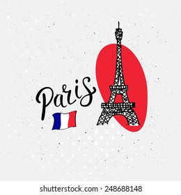 Hand-drawn vector doodle sketch of the Eiffel Tower, Paris with the Tricolor national flag in a card design or design element for a travel brochure on a textured white background
