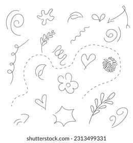 Doodle de vector dibujado a mano Dodle Swash Black Thin Line Set Incluye el Corazón, Trazo, Círculo y Signo de flecha. Ilustración del vector