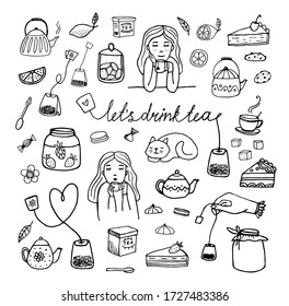 Hand-drawn vector doodle tea party set with teapots and cups, tea bags, sweets, lemons, jam  and girl comfortably enjoying tea in the company of a cat. Let's drink tea