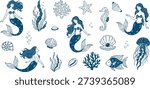 Hand-drawn vector doodle underwater set with mermaid, seaweed, corals, shells, starfish, fish, jellyfish, bubbles, seahorse and pearl. Isolated line art elements, minimal elegant style