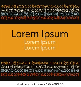 Hand-drawn vector doodles of ancient ethnic symbols. Horizontal border. Ritual screen printing. Abstract signs and elements, ancient writing. Copy space for your text