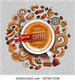 Hand-drawn vector doodles on a coffee theme: cups, turka, curls, cake, cinnamon, donuts, candies, coffee beans, sweets with cup of coffee on a wooden background . Elements for design. 