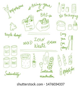 Hand-drawn vector doodles of zero-waste and sustainability