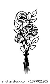 Hand-drawn vector drawing in black outline. Bouquet of rose flowers, buttercup isolated on white background. For greeting card design. Spring holidays, 8 March, mother's day.