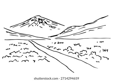 Dibujo de Vector dibujado a mano en contorno negro, boceto en tinta. Naturaleza y paisaje, terreno rocoso, camino lejano, montañas en el horizonte.