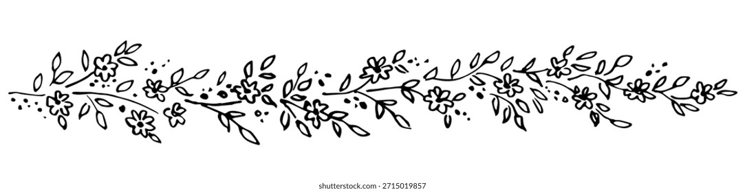 A hand-drawn vector drawing with a black outline. Long floral garland, border. Small flowers, twigs, foliage, branches with leaves. Spring and summer decor, nature. Sketch in ink.