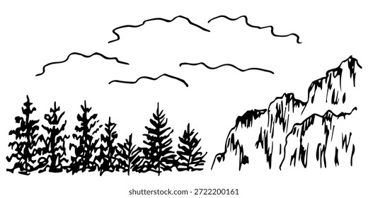 Un dibujo de Vector dibujado a mano con un contorno negro. Naturaleza salvaje del norte, paisaje, montañas rocosas, árboles de coníferas, nubes en el cielo. Boceto en tinta.