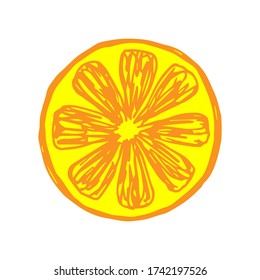 Hand-drawn vector drawing. Bright yellow-orange slice of citrus, lobule. Label, product, vitamin, juice.
