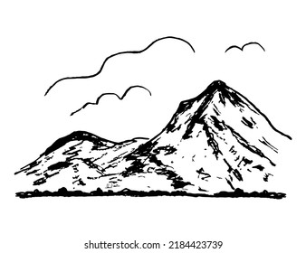 Hand-drawn vector drawing with charcoal pencil in engraving style. High mountains, clouds in the sky, rocky coast. Wildlife, landscape.