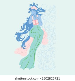 Hand-drawn vector drawing of a classic female figure in Art Nouveau style, featuring ornamental details and floral accents, classical art, and contemporary fashion template, long hair.