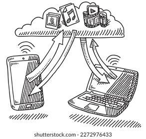 Hand-drawn vector drawing of a Cloud Computing Technology. Photos, Music and Video files can be used everywhere with a Smart Phone and a Laptop Computer. Black-and-White sketch