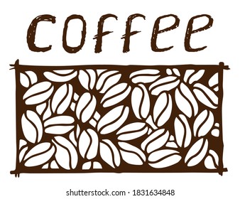 Hand-drawn vector drawing. Coffee lettering with bean pattern. Hot drink, barista. Stickers, prints for cups, packaging, labels, product design.