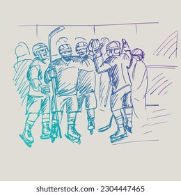 A hand-drawn vector drawing depicting hockey game moments. Hockey players on the ice. Vector, hand drawing