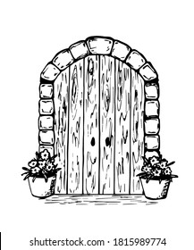 Hand-drawn vector drawing in engraving style. Antique wooden door, stone arch, doorway, flowers in pots at the entrance.