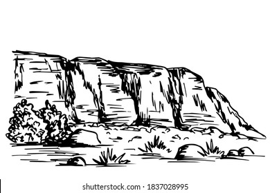 Hand-drawn vector drawing in engraving style. Rocky mountain landscape. Desert area, wilderness. Nature, tourism, travel.