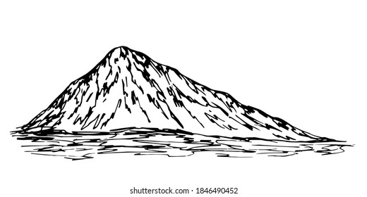 Hand-drawn vector drawing in engraving style. High mountain, wilderness, landscape. For prints, labels, tourism, mountaineering.