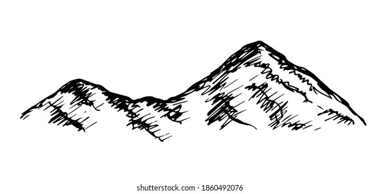 Hand-drawn vector drawing in engraving style. Mountains, nature, wild landscape. For postcard prints, labels, tourism and travel.
