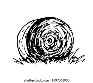 Hand-drawn vector drawing in engraving style. Round haystack, straw, dry grass. Farm, ranch.