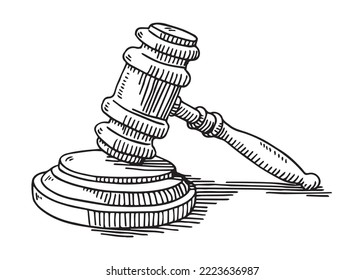 Hand-drawn vector drawing of a Gavel And Soundblock, Justice Concept. Black-and-White sketch on a transparent background (.eps-file). Included files are EPS (v10) and Hi-Res JPG.