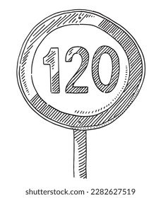 Handgezeichnete Vektorgrafik eines deutschen Verkehrszeichen-Geschwindigkeitsbegrenzers 120. Schwarz-Weiß-Skizze auf transparentem Hintergrund (.eps-file). Einschließlich Dateien sind EPS (v10) und Hi-Res JPG.