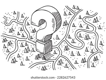 Hand-drawn vector drawing of a Getting Lost Concept with Roads on a Rural Landscape. Black-and-White sketch on a transparent background (.eps-file). Included files are EPS (v10) and Hi-Res JPG.