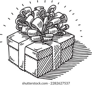 Hand-drawn vector drawing of a Gift Box and a Ribbon Decoration. Black-and-White sketch on a transparent background (.eps-file). Included files are EPS (v10) and Hi-Res JPG.