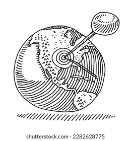 Dibujo vectorial hecho a mano de un Globo con Norteamérica delante y un Pin recto en una posición única. Esbozo en blanco y negro sobre un fondo transparente