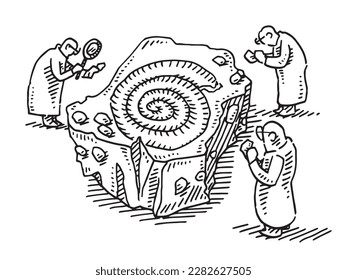 Hand-drawn vector drawing of a Group Of Archaeologists Examining a Fossil. Black-and-White sketch on a transparent background (.eps-file). Included files are EPS (v10) and Hi-Res JPG.