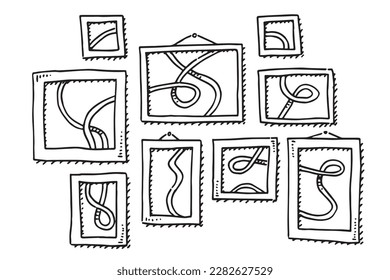 Dibujo vectorial hecho a mano de un grupo de marcos de imágenes de arte conectados. Esbozo en blanco y negro sobre un fondo transparente (.eps-file). Los archivos incluidos son EPS (v10) y Hi-Res JPG.