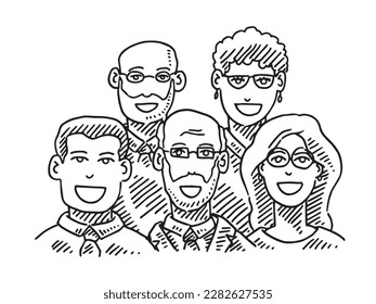 Hand-drawn vector drawing of a Group Of Five Business People. Black-and-White sketch on a transparent background (.eps-file). Included files are EPS (v10) and Hi-Res JPG.