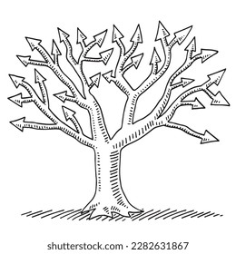 Hand-drawn vector drawing of a Growth Concept Tree with Arrows. Black-and-White sketch on a transparent background (.eps-file). Included files are EPS (v10) and Hi-Res JPG.