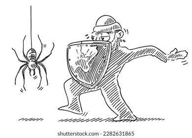 Hand-drawn vector drawing of a Guarded Human Figure Approaching a Spider. Black-and-White sketch on a transparent background (.eps-file). Included files are EPS (v10) and Hi-Res JPG.